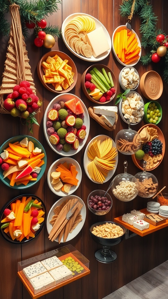 A colorful snack wall with cheese, fruits, vegetables, and sweets displayed on a wooden backdrop.